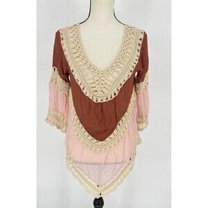 GORGEOUS M/L Brown/Pink Ivory Crochet Beach Pool Cover Up Hi Lo Hem Boho‎ Hippie
